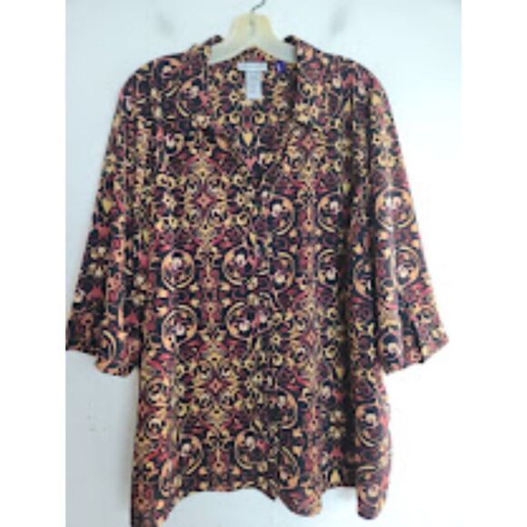 Catherine's Women Black w/Brown & Red Pasley Button Down Blouse size 2XWPetite - Picture 1 of 6